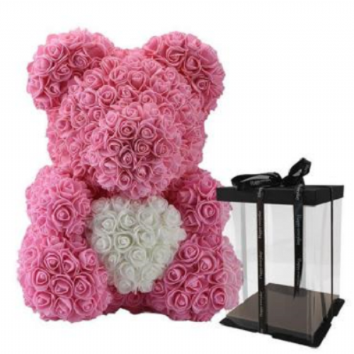 Αρκουδάκι από ροζ και άσπρα τριαντάφυλλα (L)